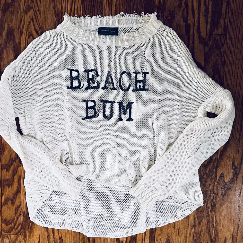 Wooden Ships Distressed Beach Bum White Crewneck Sweater Size Small Medium
